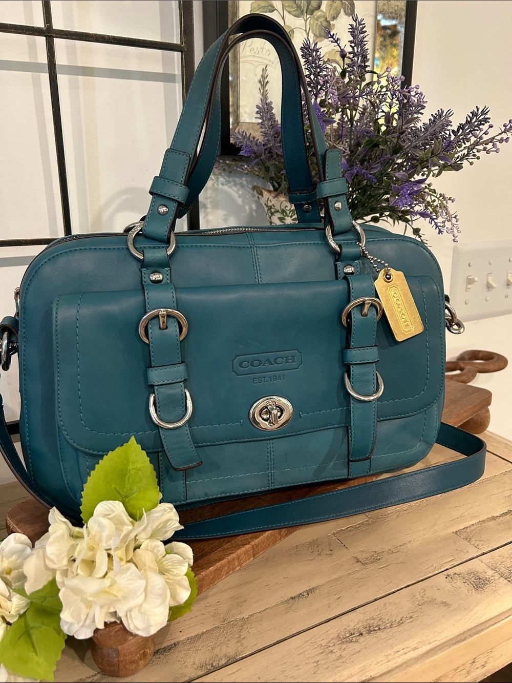 Coach Teal Leather Satchel with Turnlock and Double Handles